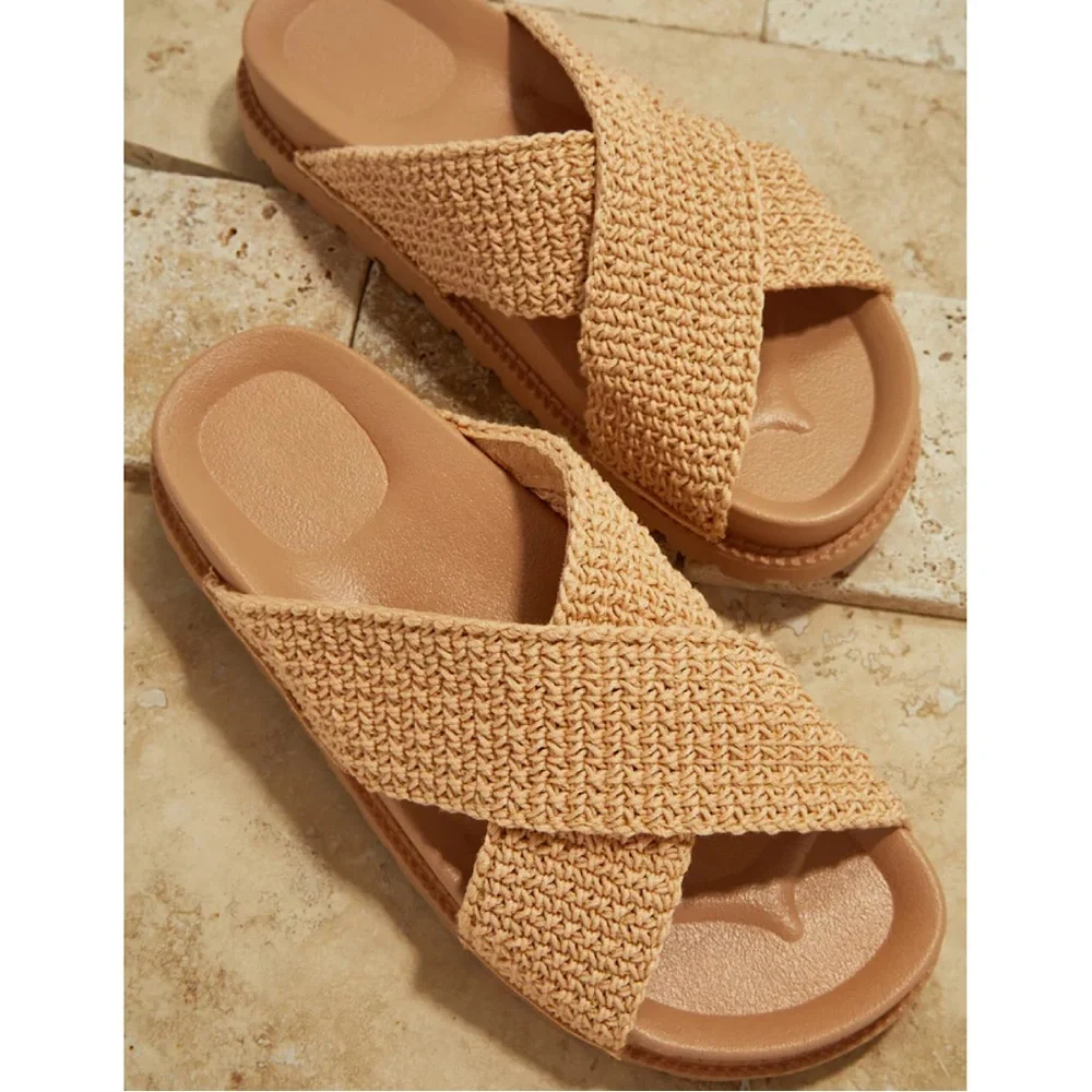 Awaken Natural Flyknit Criss Cross Slide Sandals. - Picture 2 of 16